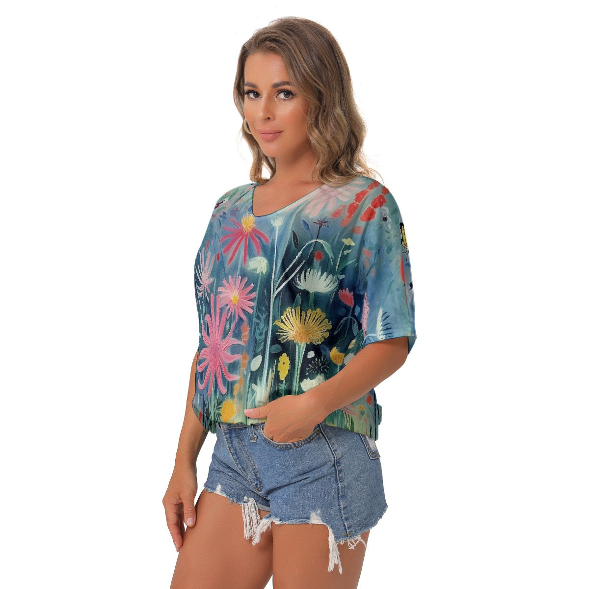 All-Over Print Women's Bat Sleeves V-Neck Blouse