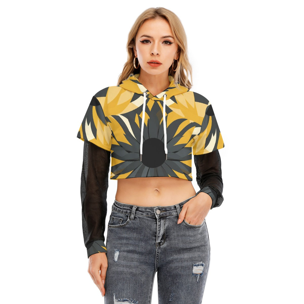 All-Over Print Women's Fake Two-piece Mesh Sleeve Cropped Hoodie