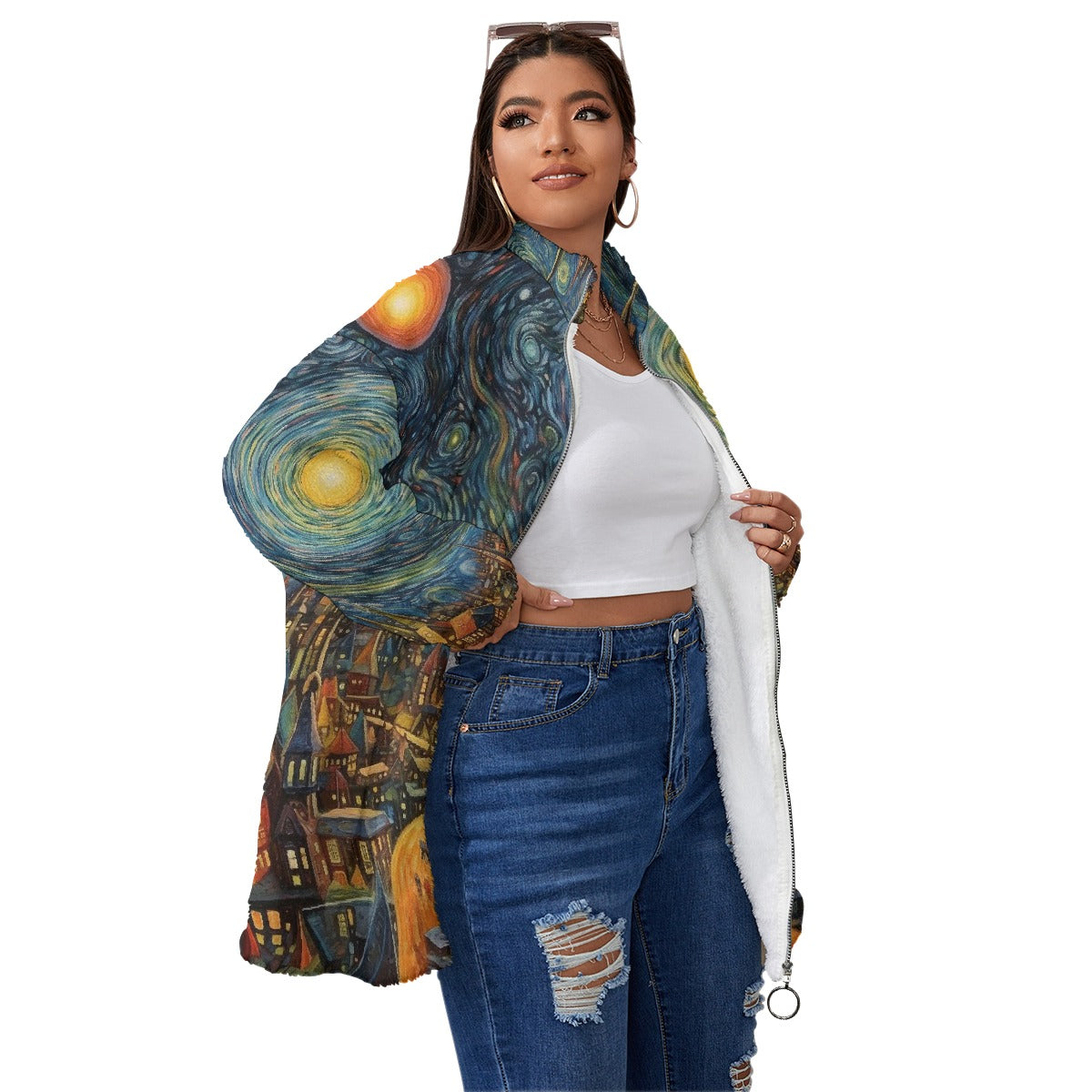 All-Over Print Unisex Borg Fleece Stand-up Collar Coat With Zipper Closure(Plus Size)