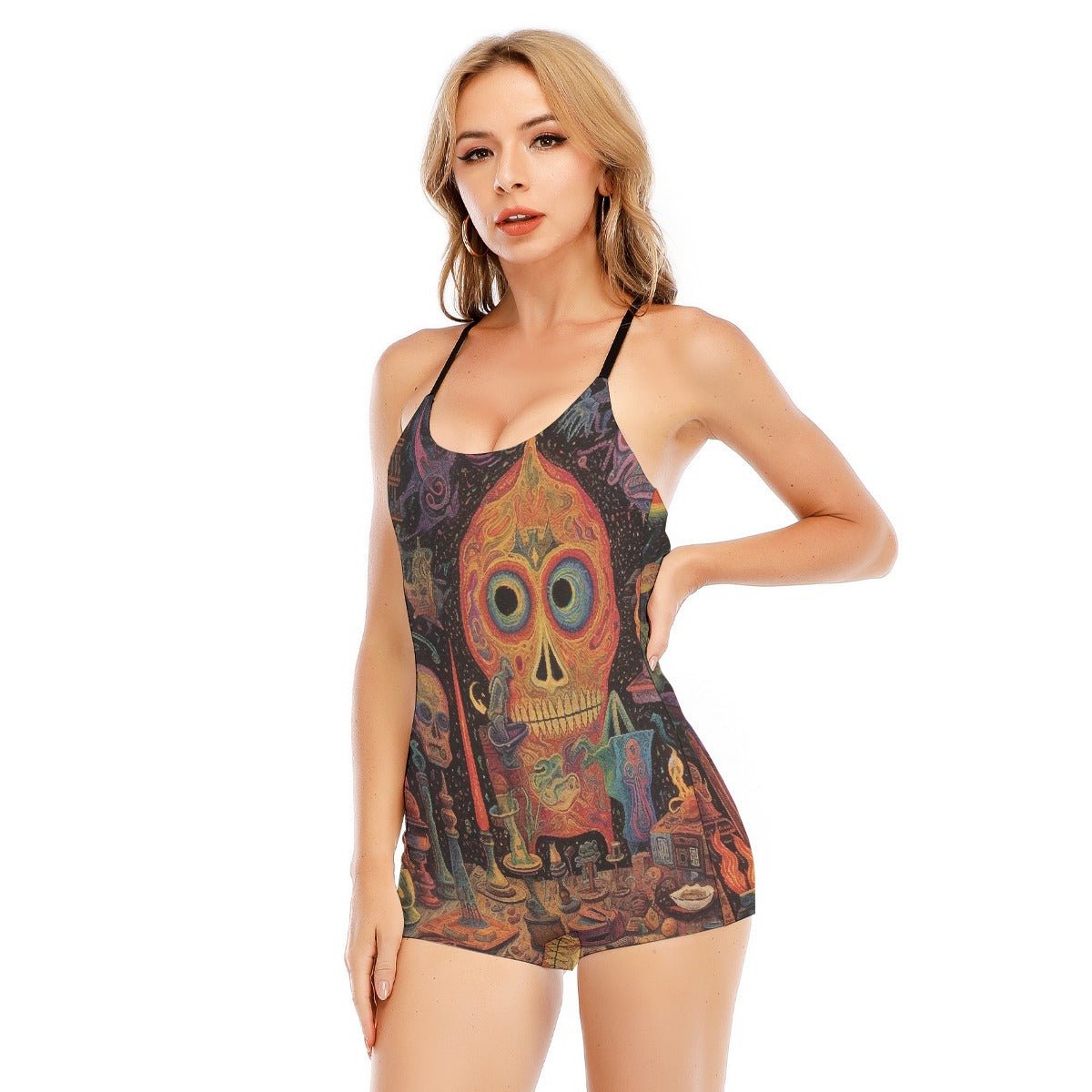 All-Over Print Women's Backless Romper With Black Straps