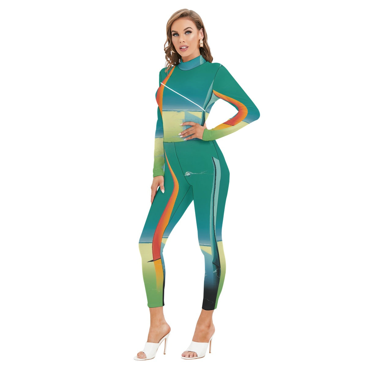 All-Over Print Women's Long-sleeved High-neck Jumpsuit With Zipper