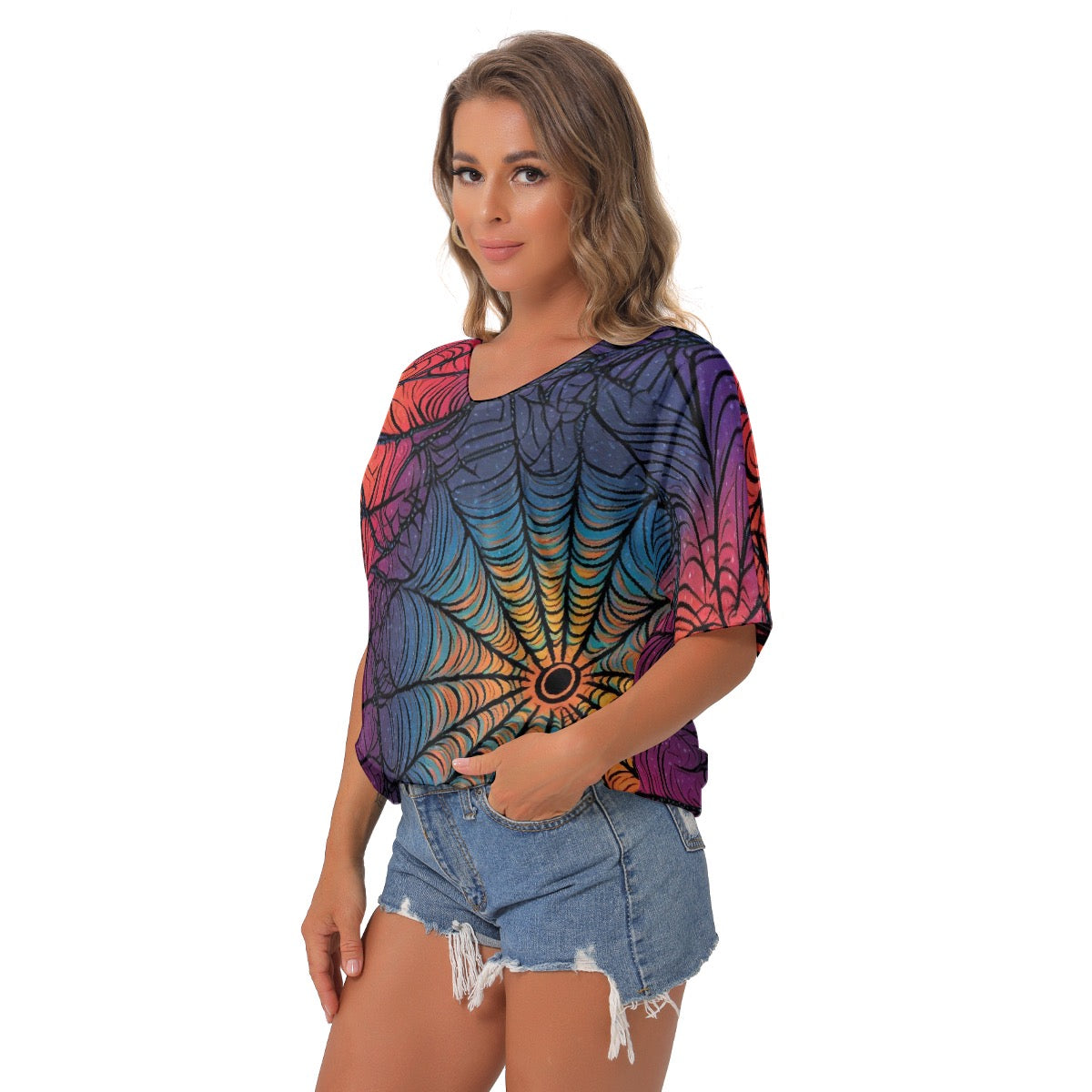 All-Over Print Women's Bat Sleeves V-Neck Blouse