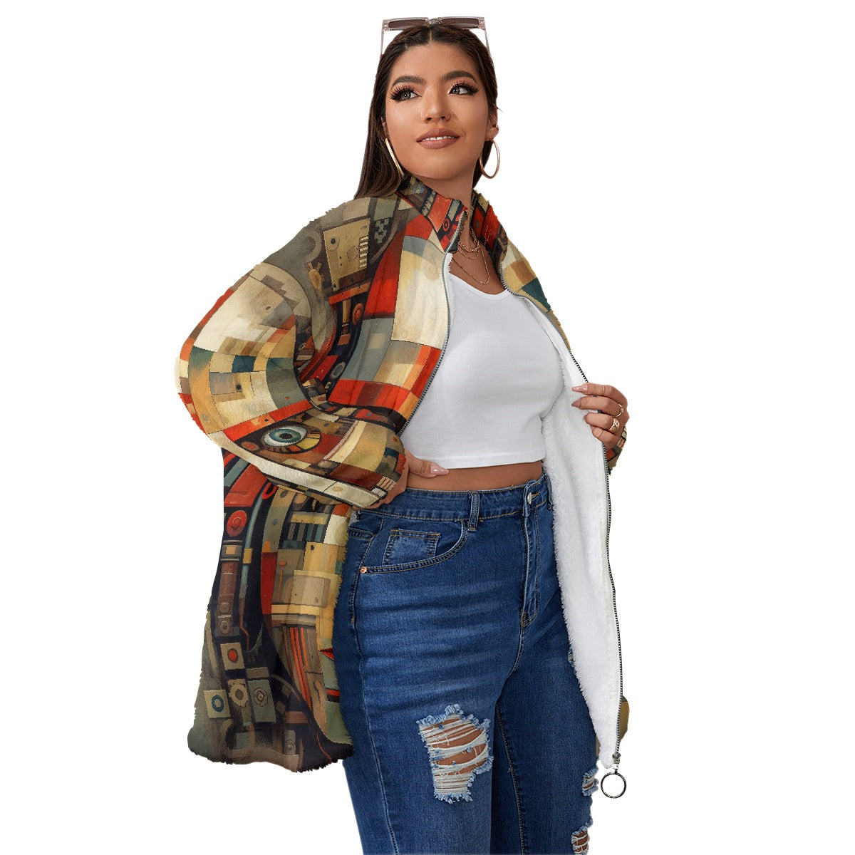 All-Over Print Unisex Borg Fleece Stand-up Collar Coat With Zipper Closure(Plus Size)