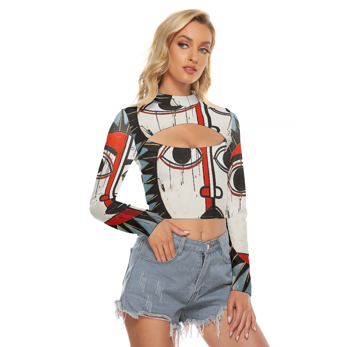 All-Over Print Women's Hollow Chest Keyhole Tight Crop Top