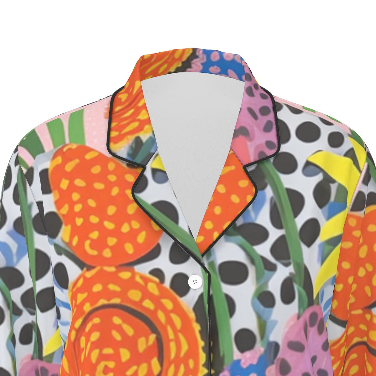 All-Over Print Women's Long Sleeve Pajama Set With Black Contrast Piping