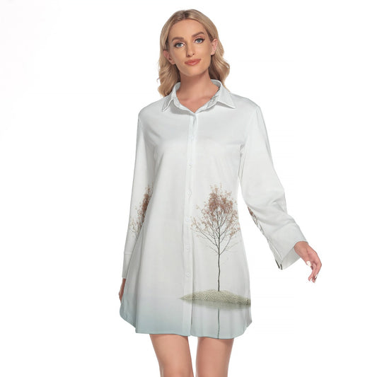 All-Over Print Women's Lapel Shirt Dress With Long Sleeve