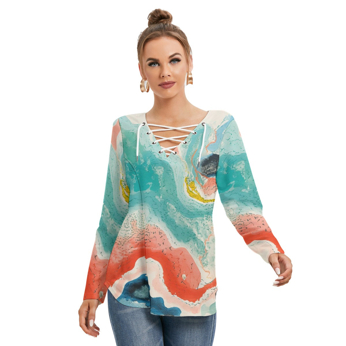 All-Over Print Women's Long Sleeve Neckline Tie Sweatshirt