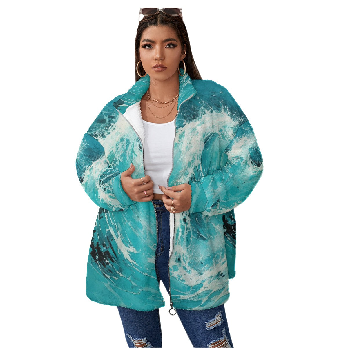 All-Over Print Unisex Borg Fleece Stand-up Collar Coat With Zipper Closure(Plus Size)