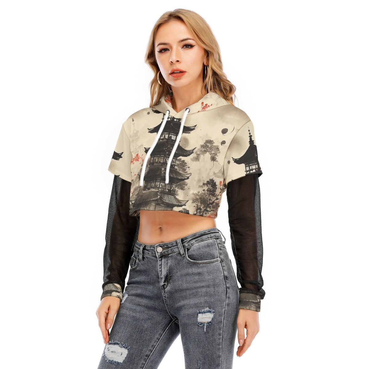 All-Over Print Women's Fake Two-piece Mesh Sleeve Cropped Hoodie