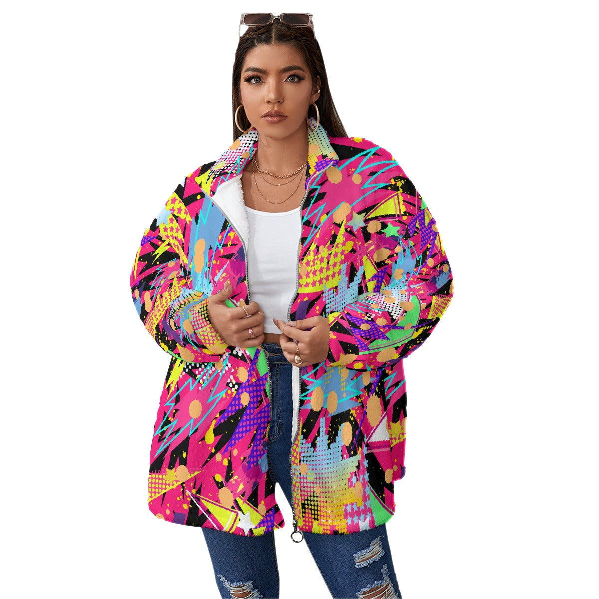 All-Over Print Unisex Borg Fleece Stand-up Collar Coat With Zipper Closure(Plus Size)