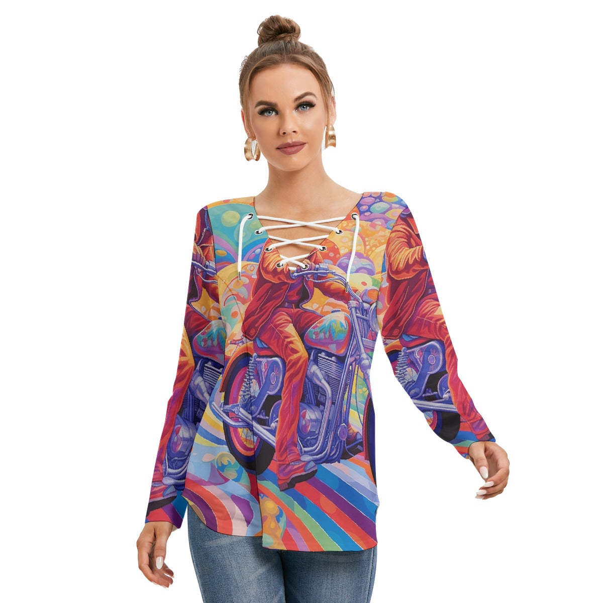 All-Over Print Women's Long Sleeve Neckline Tie Sweatshirt