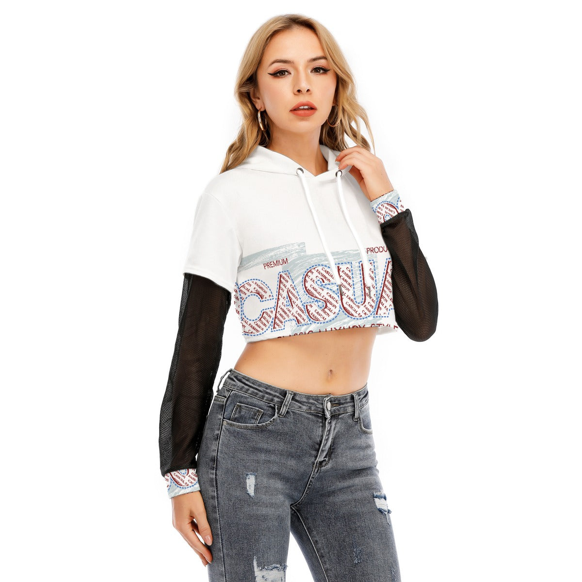 All-Over Print Women's Fake Two-piece Mesh Sleeve Cropped Hoodie