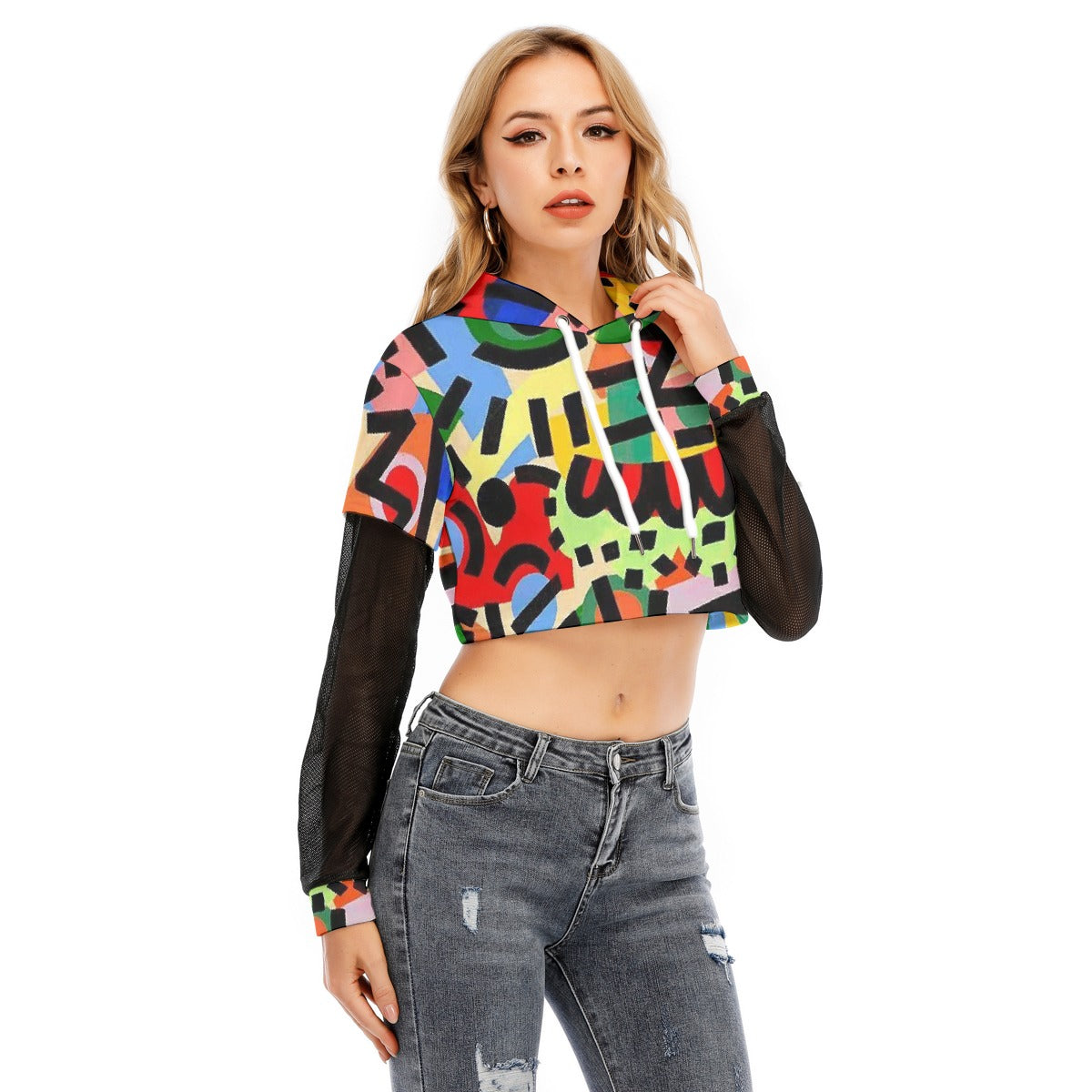 All-Over Print Women's Fake Two-piece Mesh Sleeve Cropped Hoodie