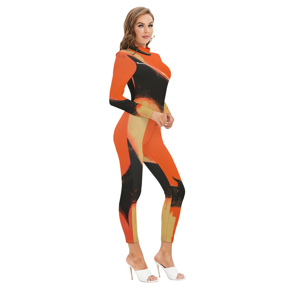 All-Over Print Women's Long-sleeved High-neck Jumpsuit With Zipper