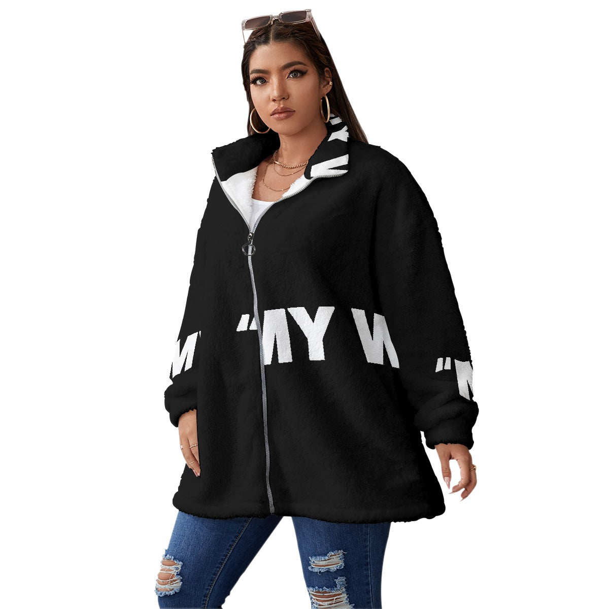 All-Over Print Unisex Borg Fleece Stand-up Collar Coat With Zipper Closure(Plus Size)