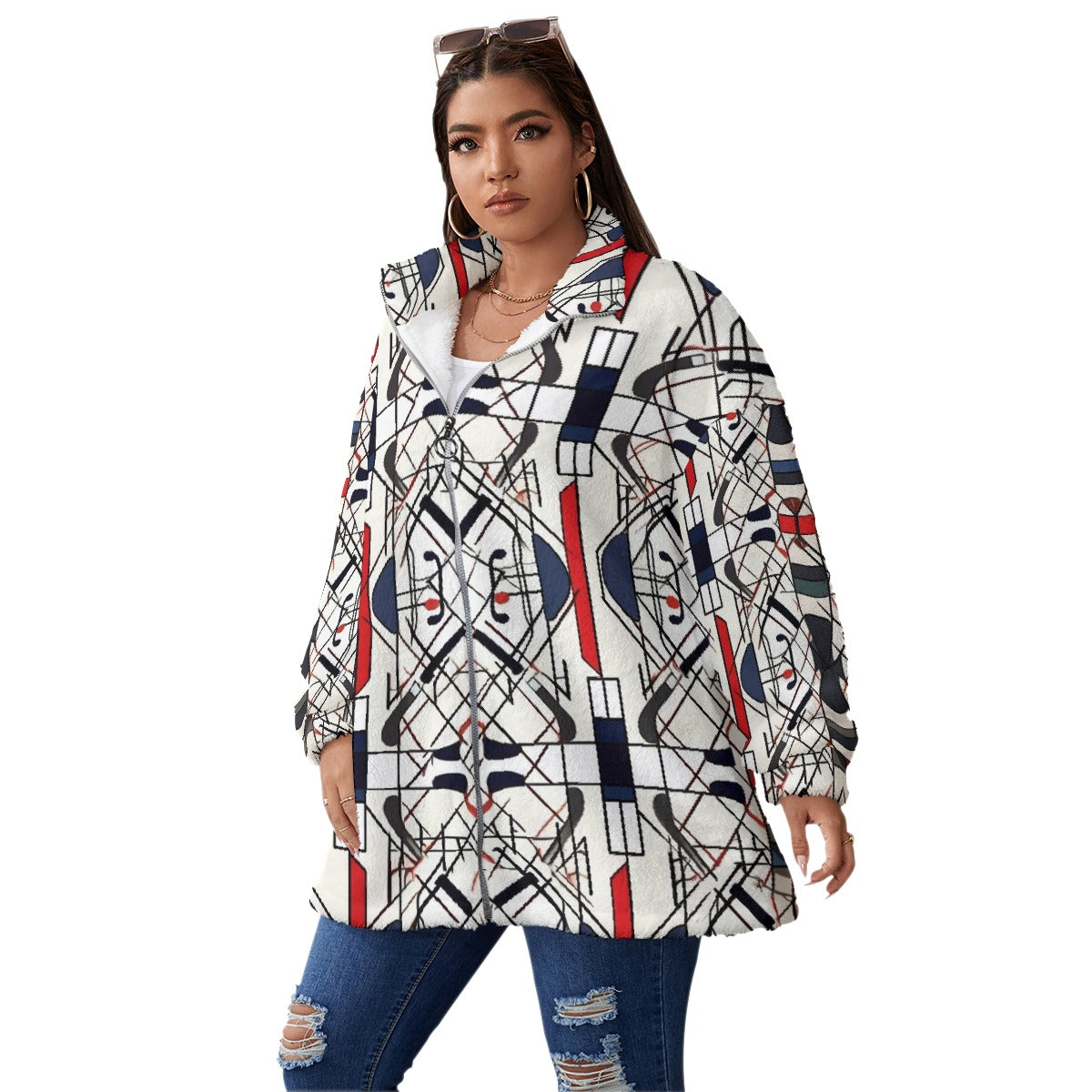 All-Over Print Unisex Borg Fleece Stand-up Collar Coat With Zipper Closure(Plus Size)