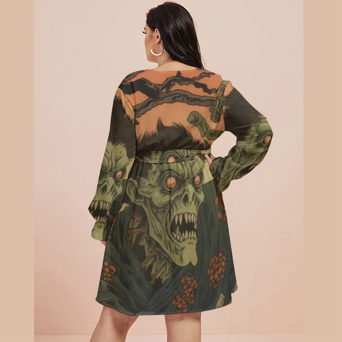 All-Over Print Women's V-neck Dress With Waistband(Plus Size)