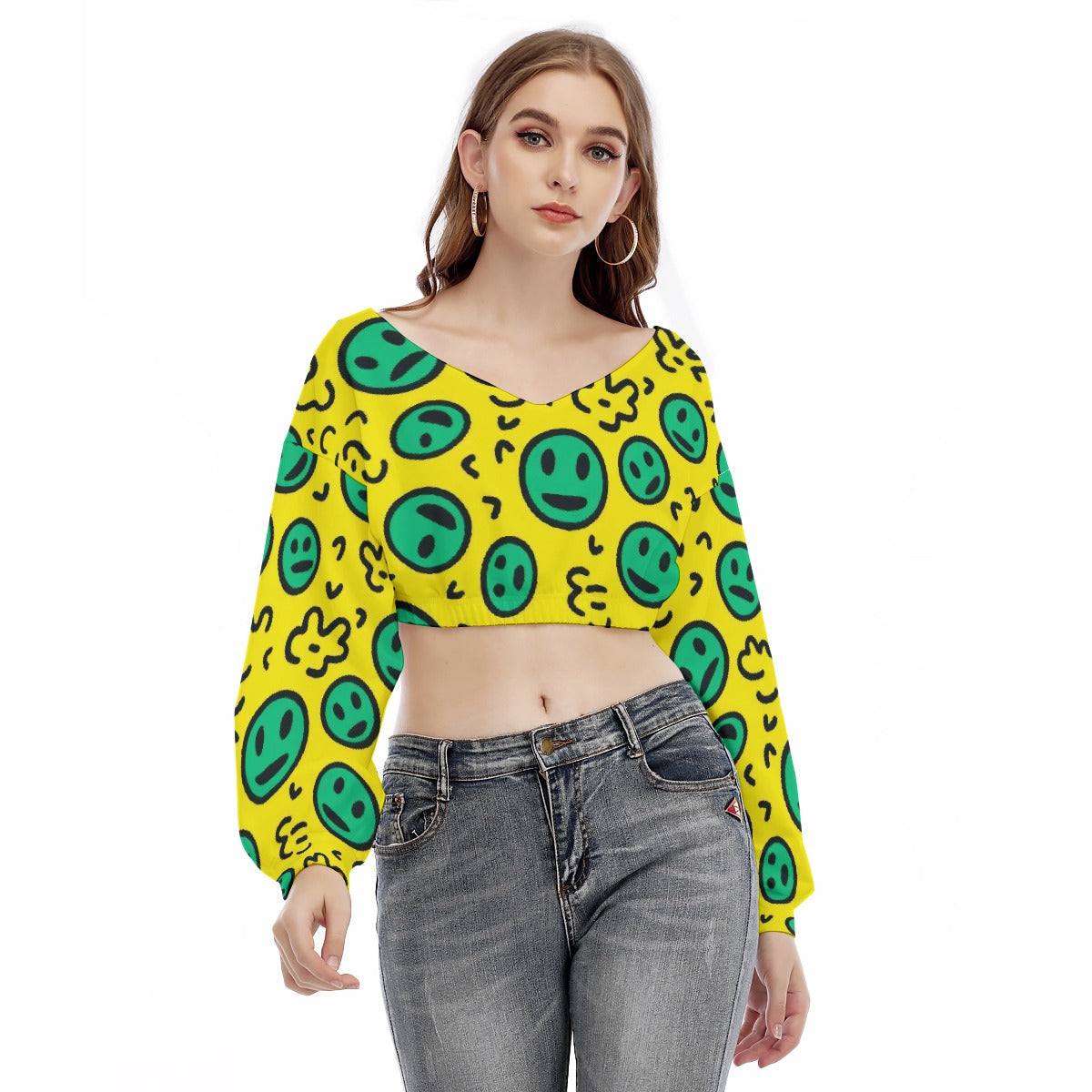 All-Over Print Women's V-neck Long Sleeve Cropped Sweatshirt