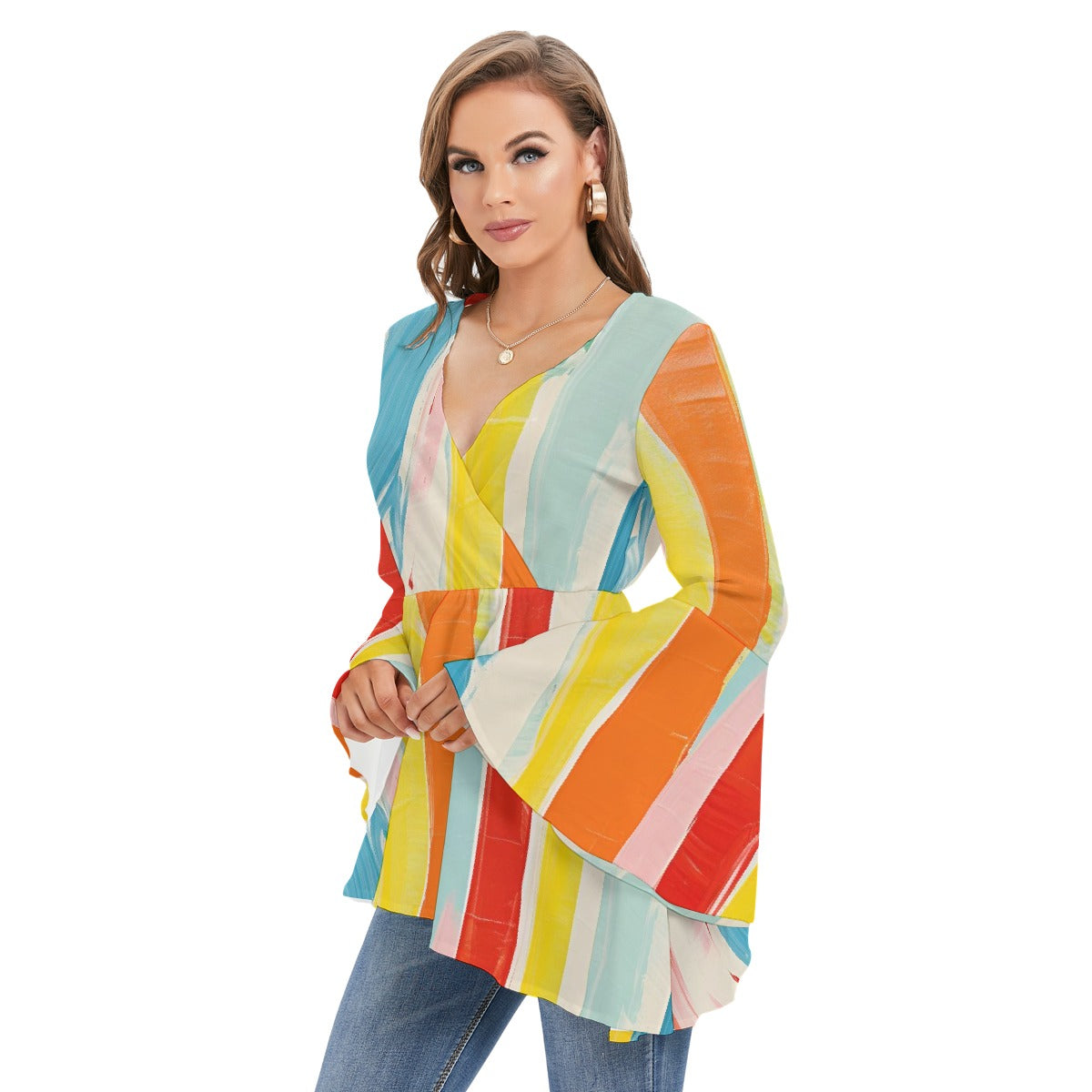 All-Over Print Women's V-neck Blouse With Flared Sleeves