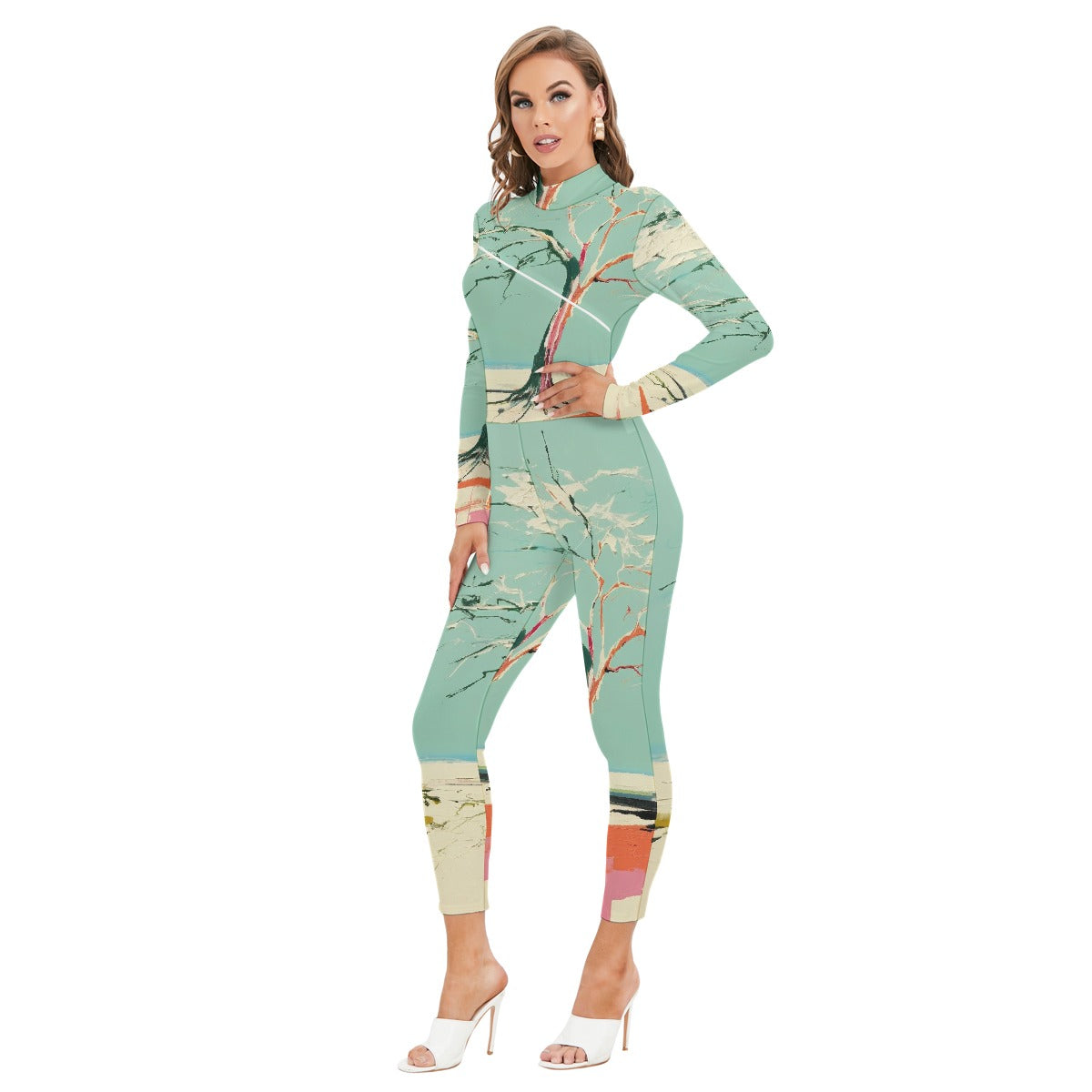 All-Over Print Women's Long-sleeved High-neck Jumpsuit With Zipper