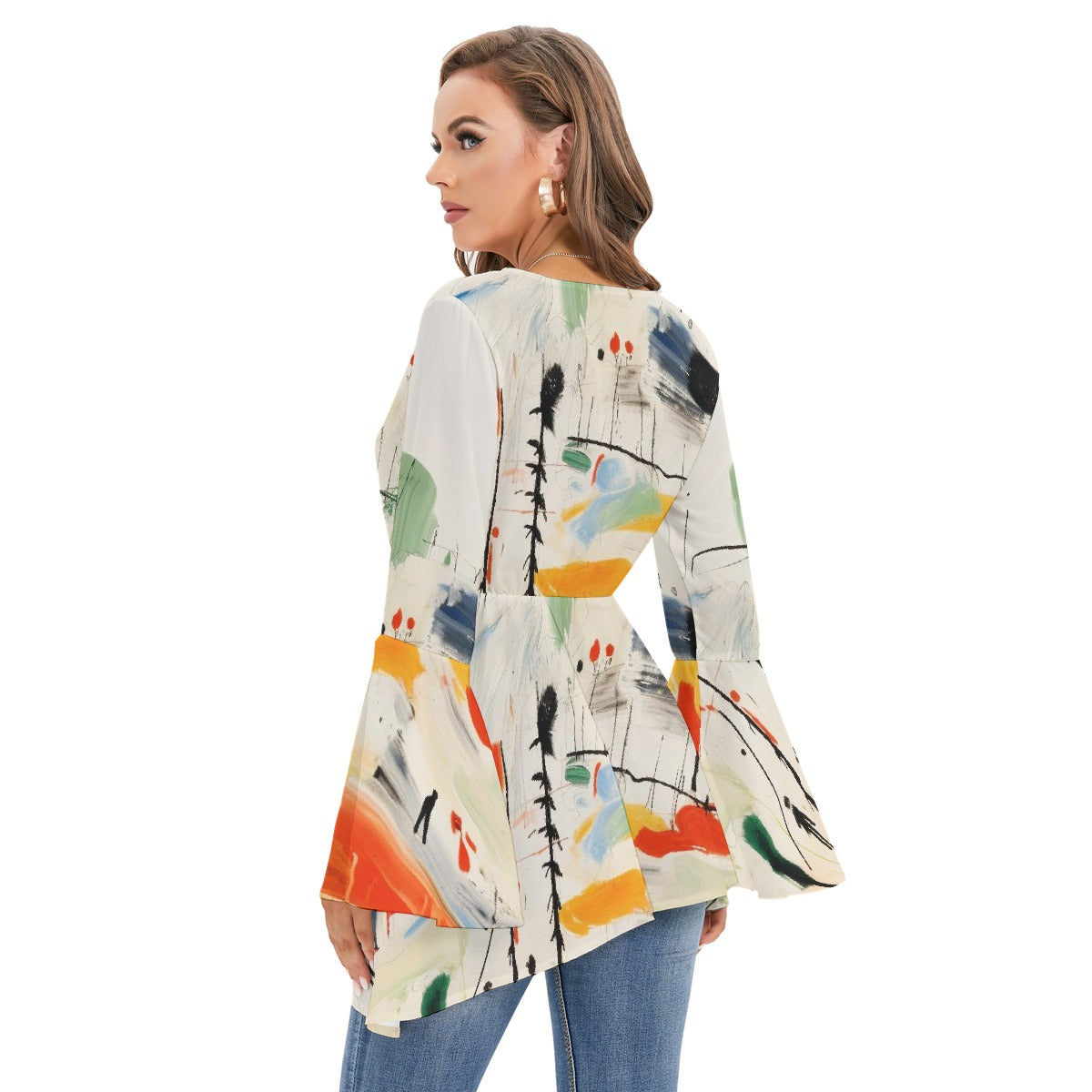 All-Over Print Women's V-neck Blouse With Flared Sleeves