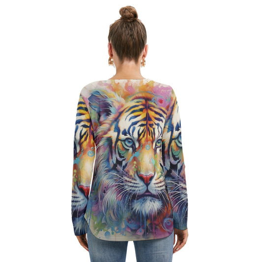 All-Over Print Women's Long Sleeve Neckline Tie Sweatshirt