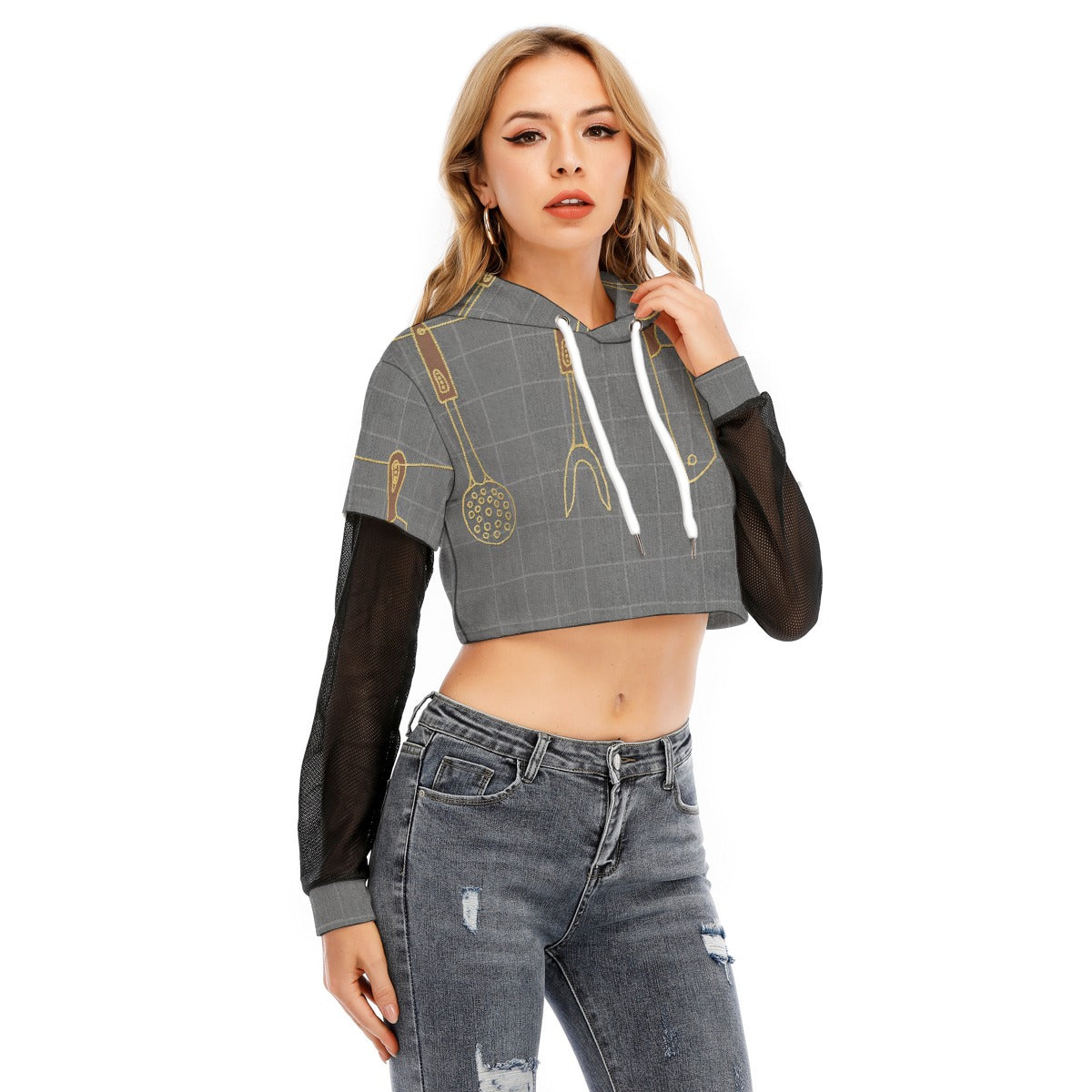 All-Over Print Women's Fake Two-piece Mesh Sleeve Cropped Hoodie