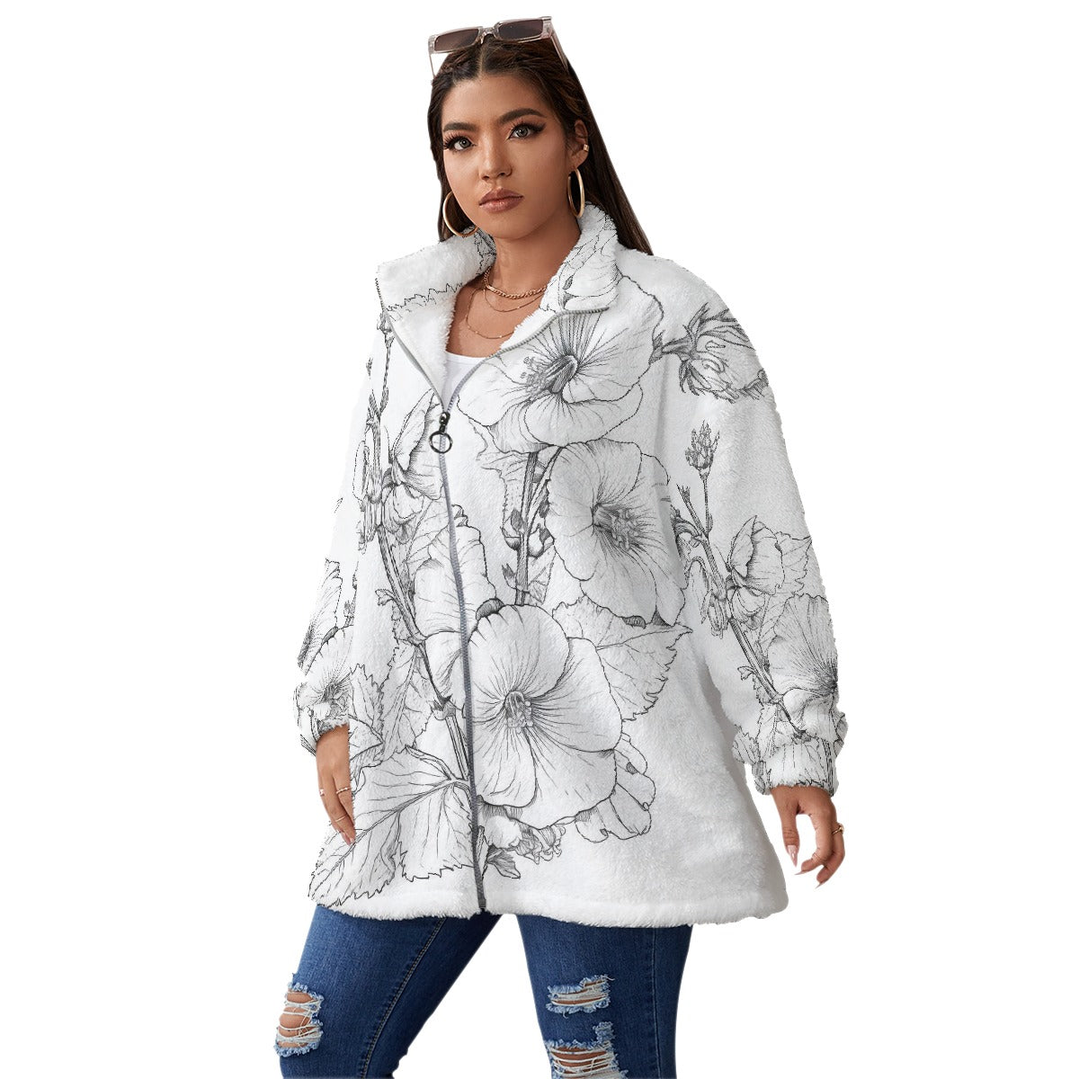 All-Over Print Unisex Borg Fleece Stand-up Collar Coat With Zipper Closure(Plus Size)