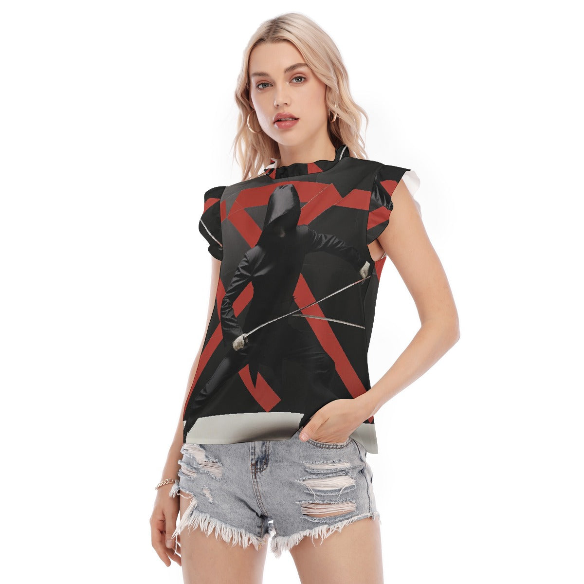 All-Over Print Women's Blouse With Ruffle Collar And Sleeve