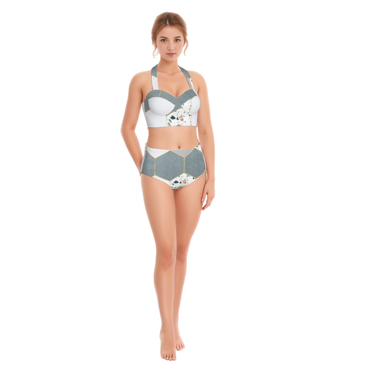 All-Over Print Women's Swimsuit Set With Halter