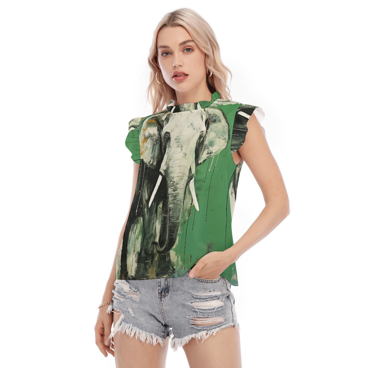 All-Over Print Women's Blouse With Ruffle Collar And Sleeve