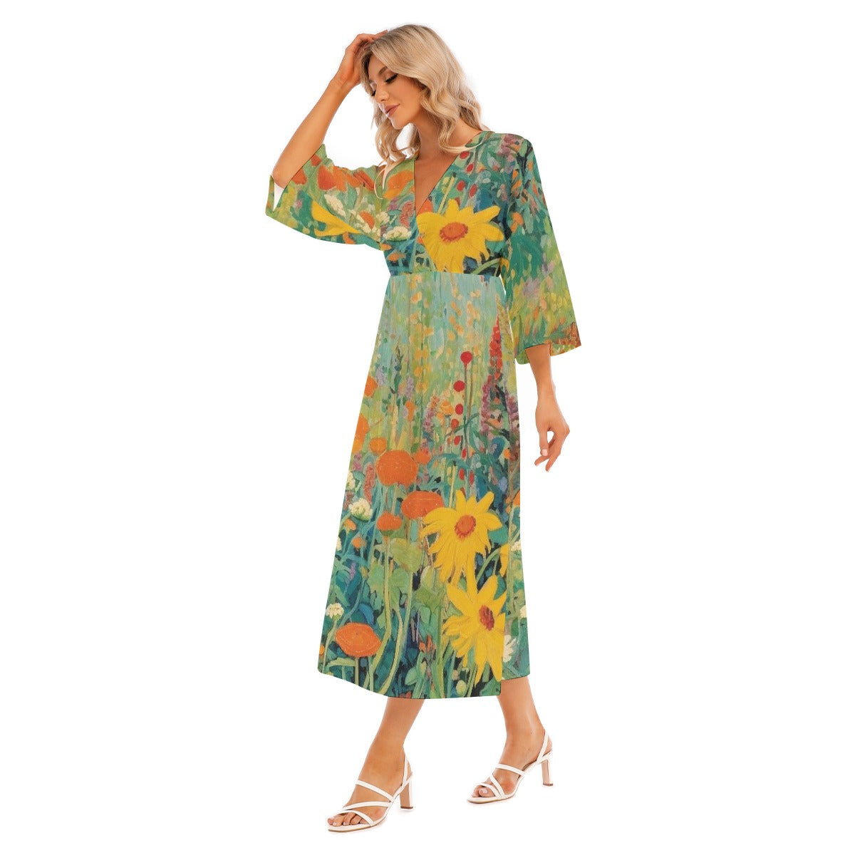All-Over Print Women's Mid-Sleeve Long Dress