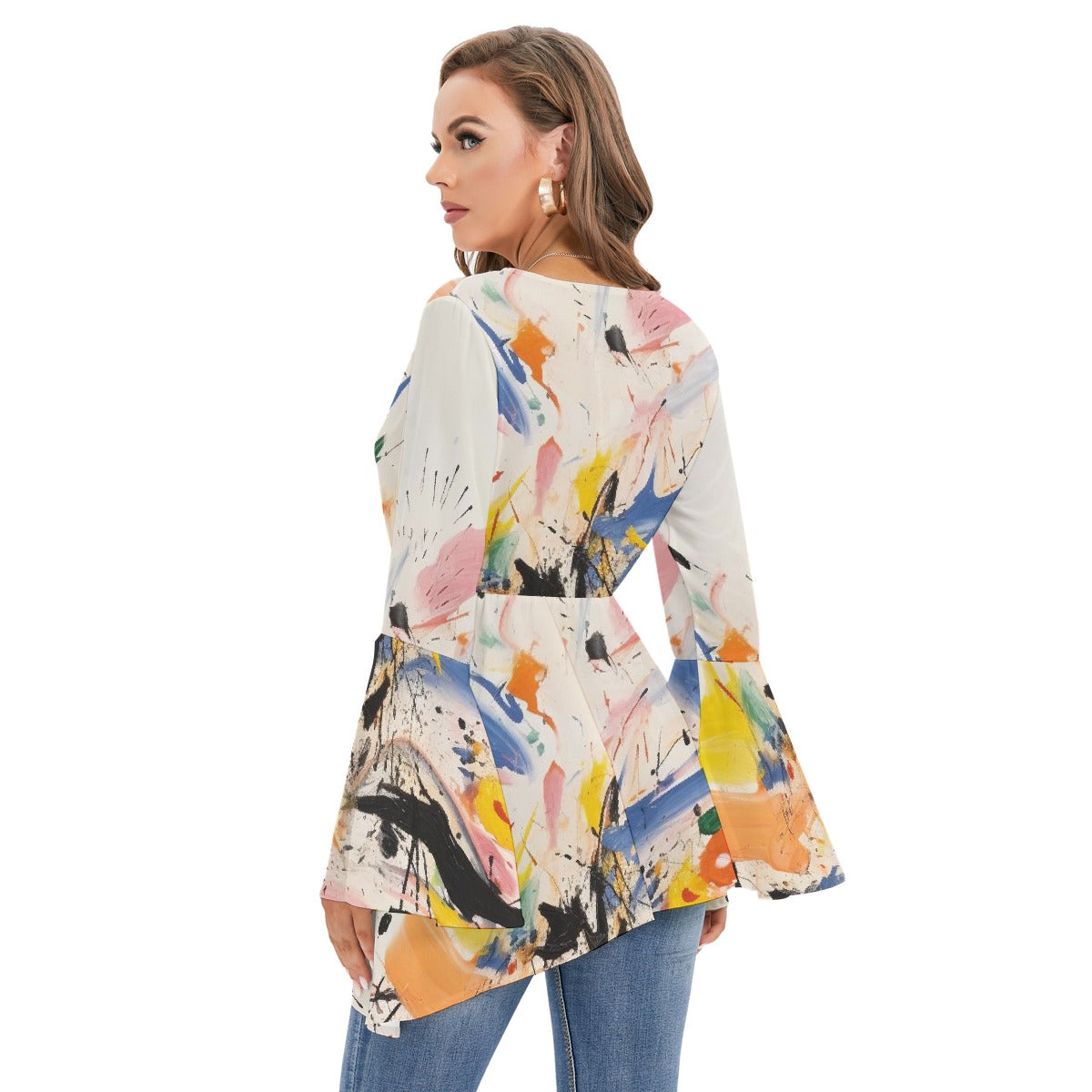 All-Over Print Women's V-neck Blouse With Flared Sleeves