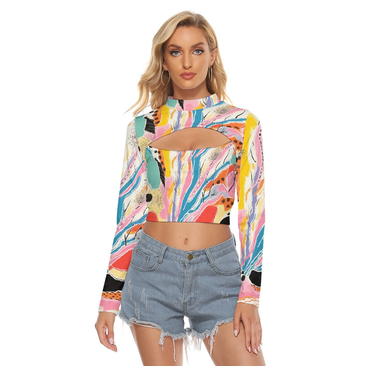 All-Over Print Women's Hollow Chest Keyhole Tight Crop Top