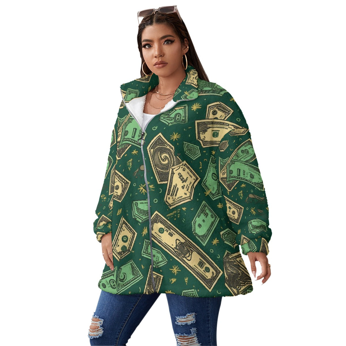 All-Over Print Unisex Borg Fleece Stand-up Collar Coat With Zipper Closure(Plus Size)