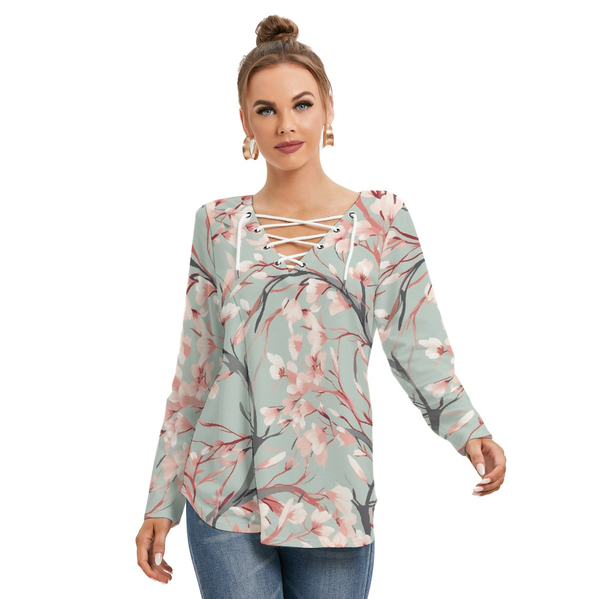 All-Over Print Women's Long Sleeve Neckline Tie Sweatshirt