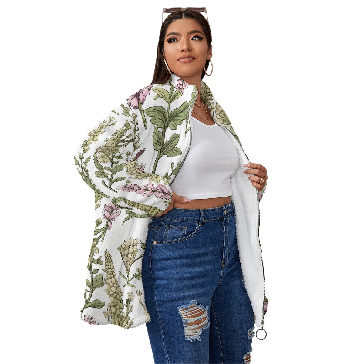 All-Over Print Unisex Borg Fleece Stand-up Collar Coat With Zipper Closure(Plus Size)