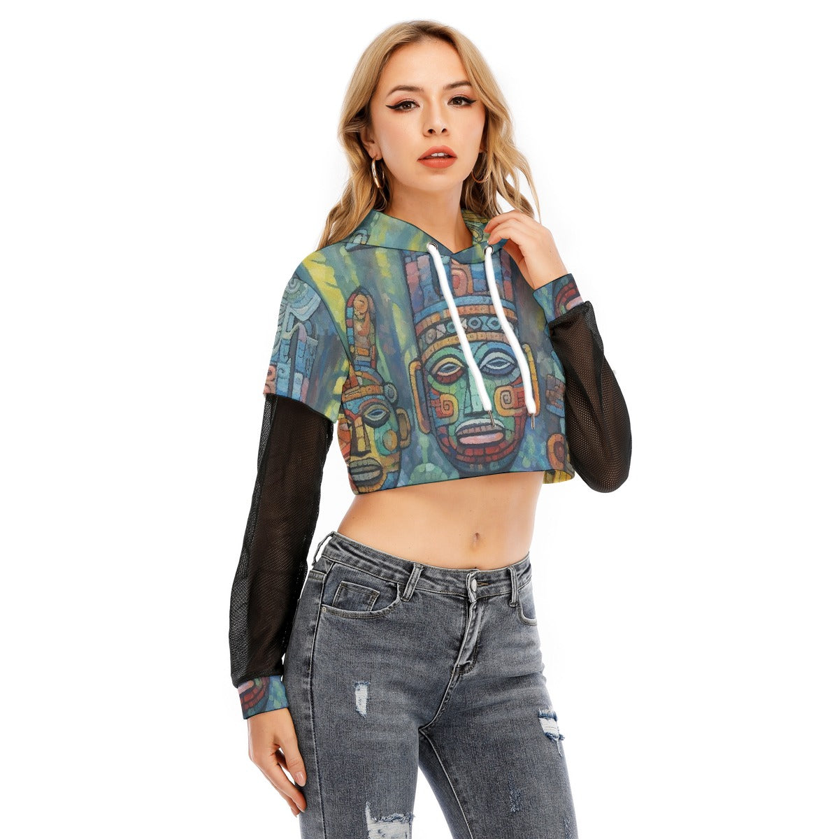 All-Over Print Women's Fake Two-piece Mesh Sleeve Cropped Hoodie