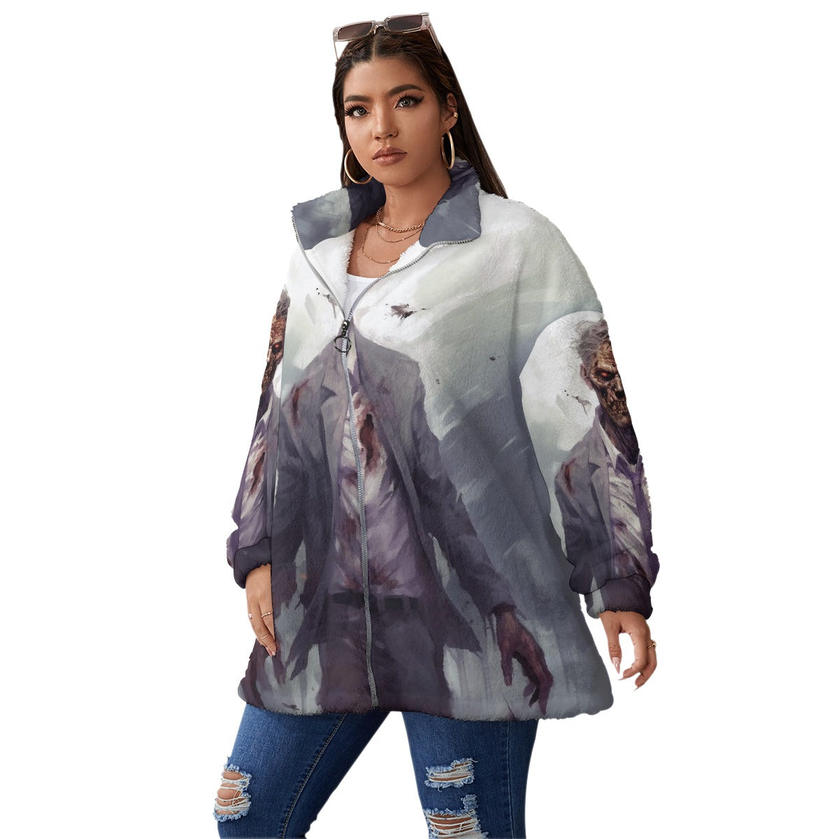All-Over Print Unisex Borg Fleece Stand-up Collar Coat With Zipper Closure(Plus Size)