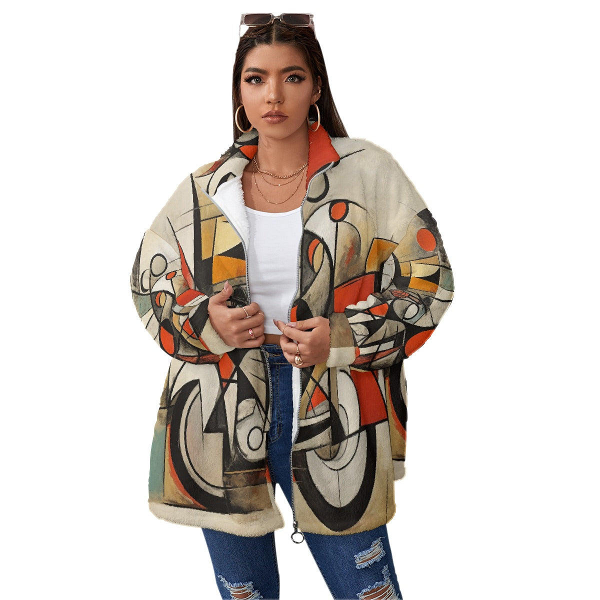 All-Over Print Unisex Borg Fleece Stand-up Collar Coat With Zipper Closure(Plus Size)