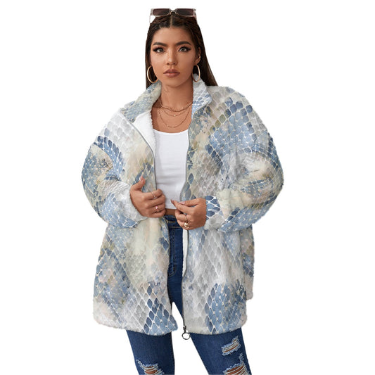 All-Over Print Unisex Borg Fleece Stand-up Collar Coat With Zipper Closure(Plus Size)