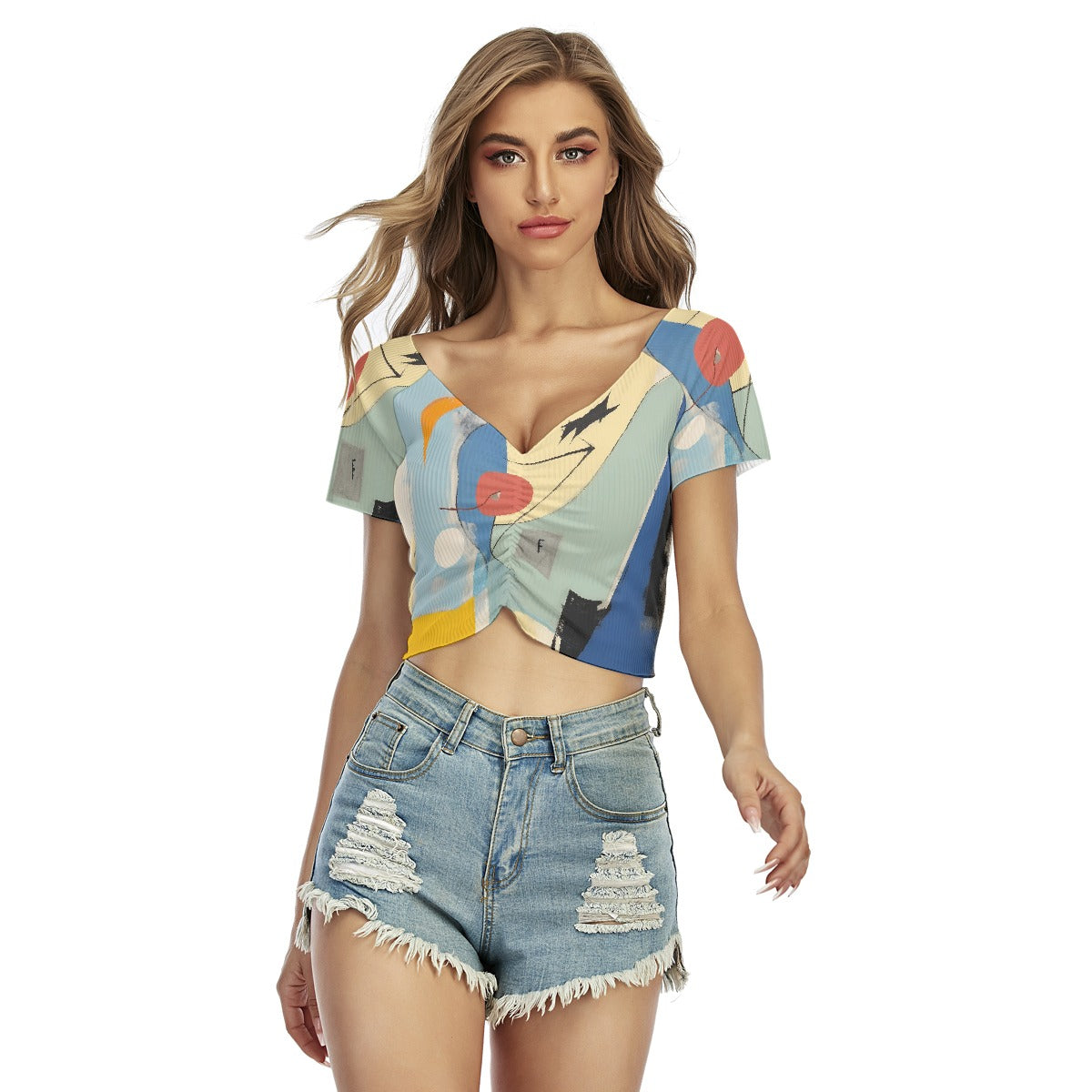 All-Over Print Women's Raglan Drawstring Front  Crop Tee