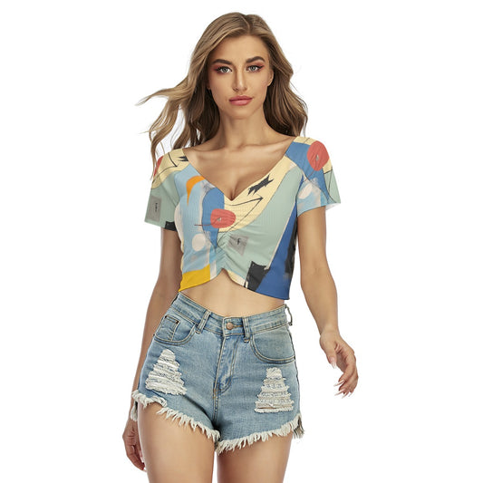 All-Over Print Women's Raglan Drawstring Front  Crop Tee
