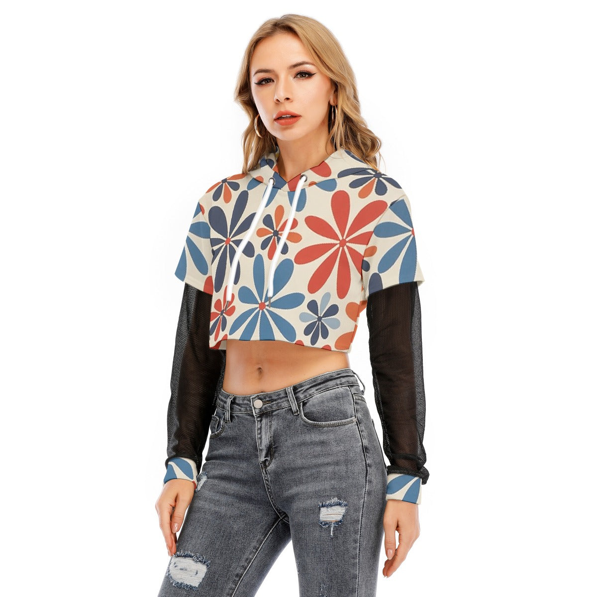 All-Over Print Women's Fake Two-piece Mesh Sleeve Cropped Hoodie