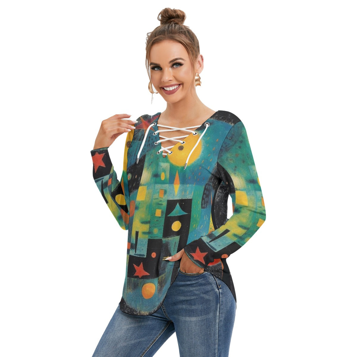 All-Over Print Women's Long Sleeve Neckline Tie Sweatshirt