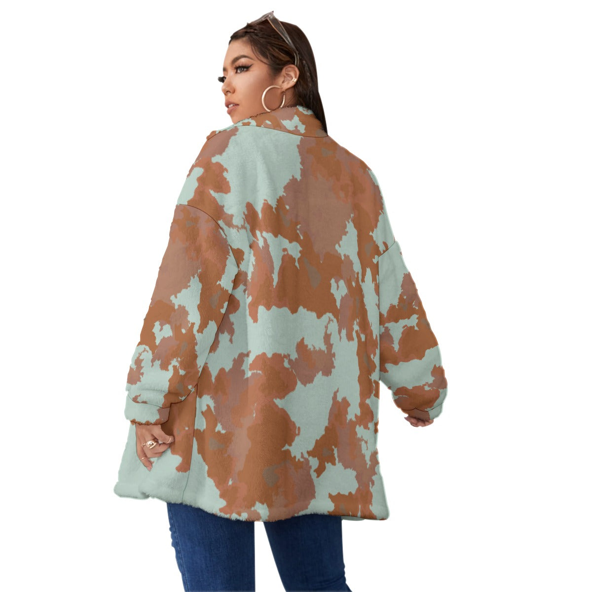 All-Over Print Unisex Borg Fleece Stand-up Collar Coat With Zipper Closure(Plus Size)