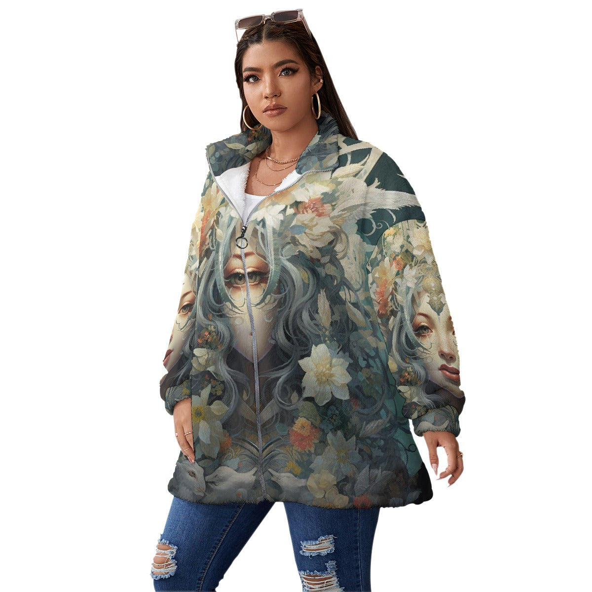 All-Over Print Unisex Borg Fleece Stand-up Collar Coat With Zipper Closure(Plus Size)