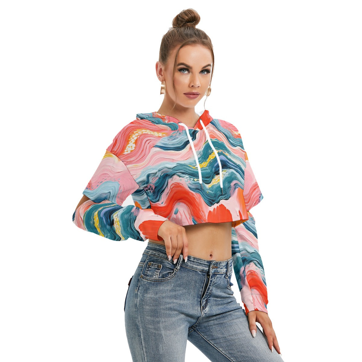 All-Over Print Women's Heavy Fleece Hoodie With Hollow Out Sleeve
