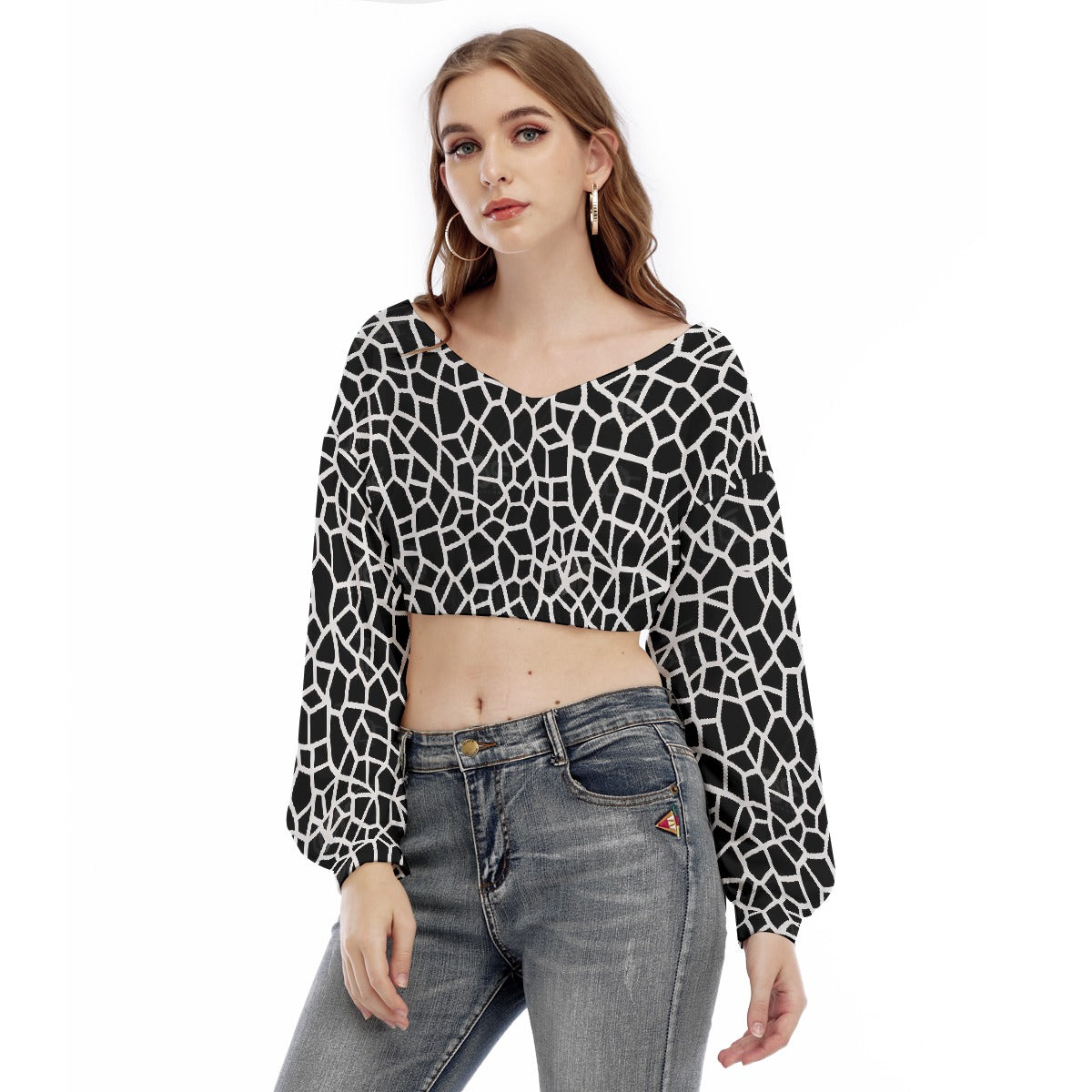 All-Over Print Women's V-neck Long Sleeve Cropped Sweatshirt
