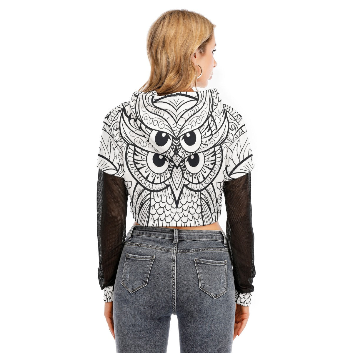 All-Over Print Women's Fake Two-piece Mesh Sleeve Cropped Hoodie